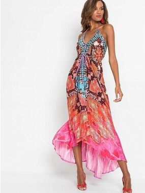 VENUS Purple and Teal Printed Halter Dress with Red Accent
